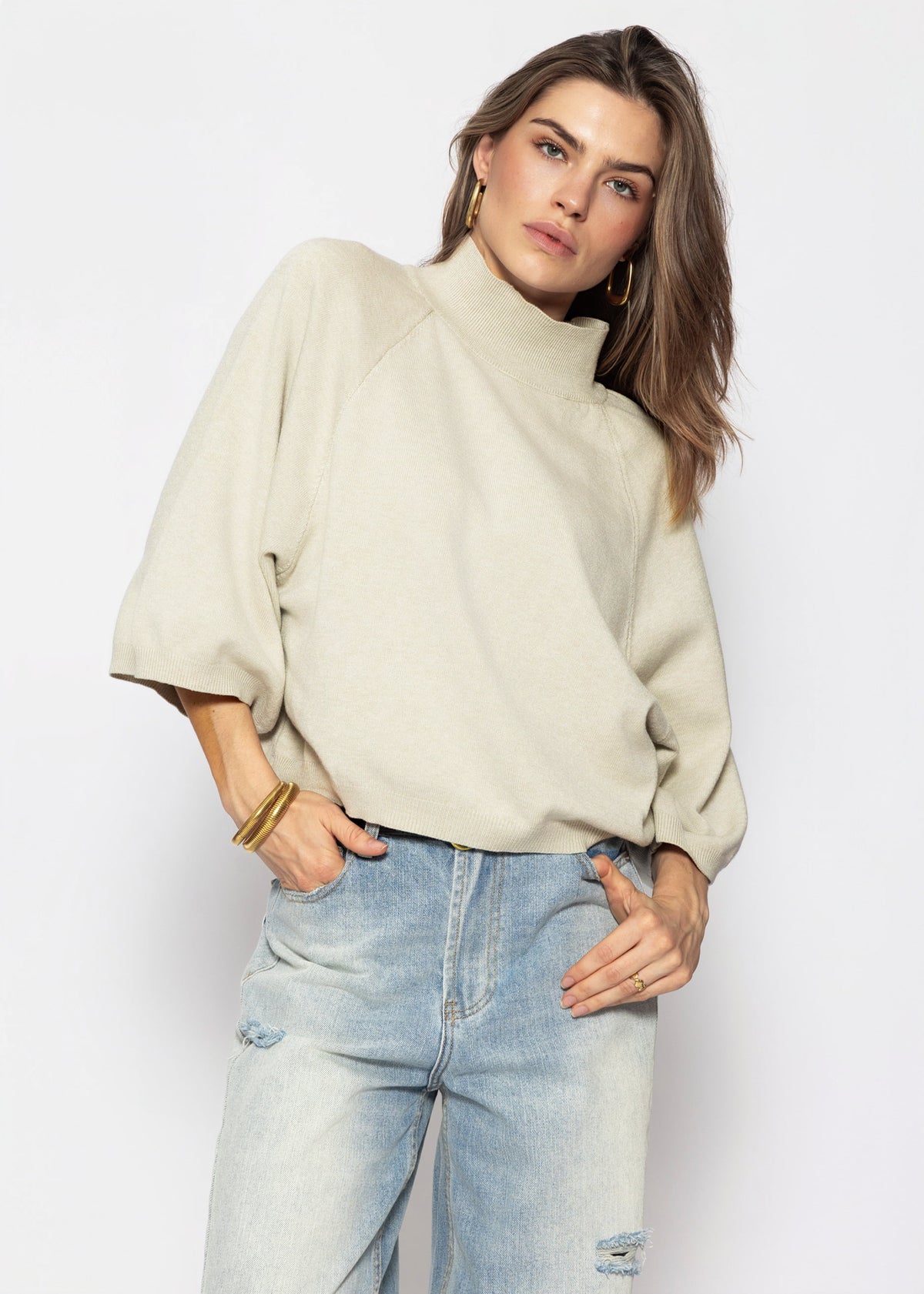 Kurzarm Strickpullover mit weiten Raglanärmeln - greige