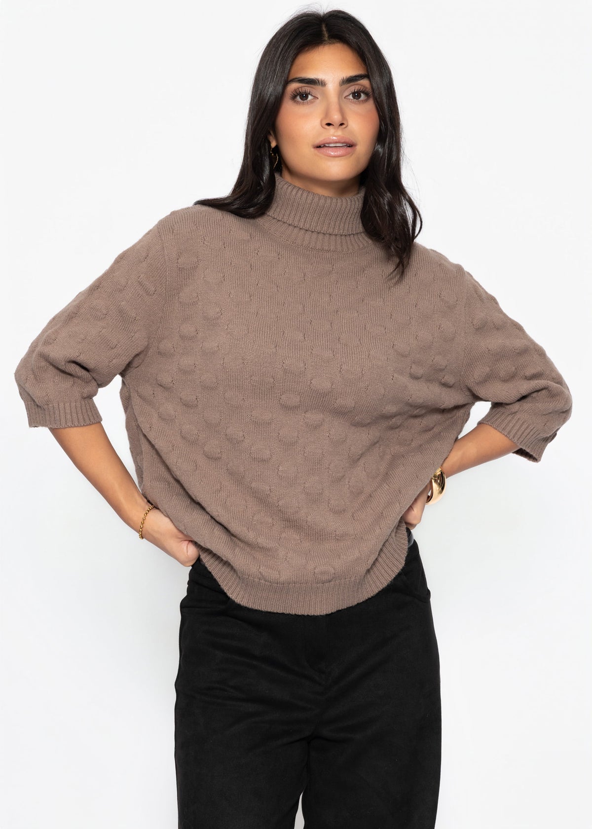 Oversized Kurzarmpullover mit Noppenstruktur - taupe
