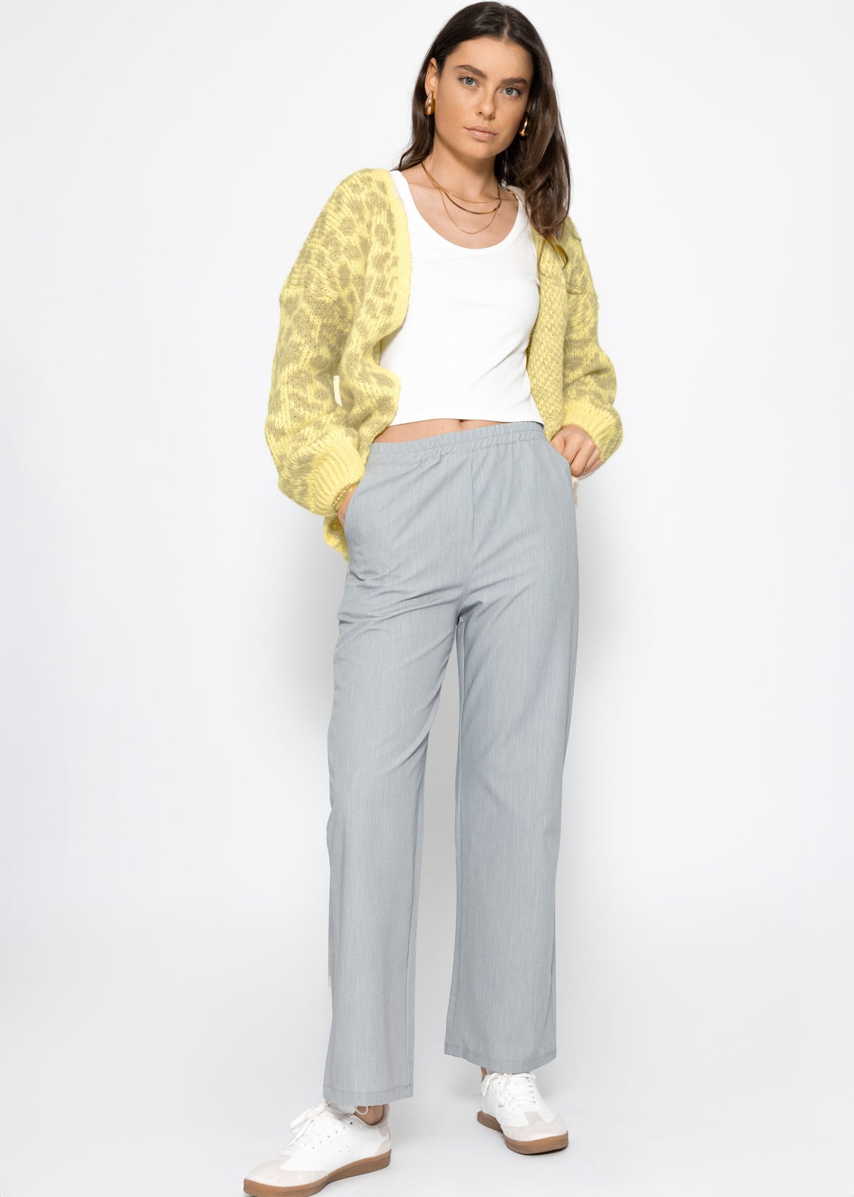 Kurzer Cardigan mit Leo-Print - gelb-beige