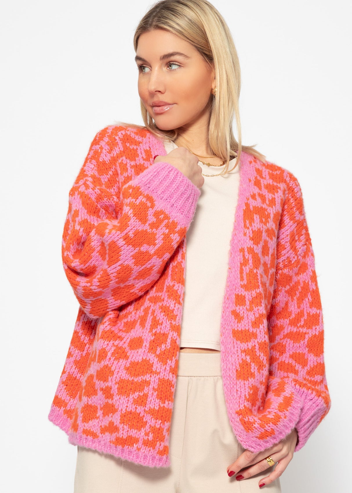 Short cardigan with leo print - pink-orange