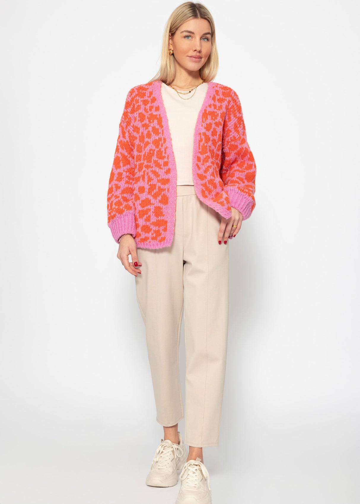 Short cardigan with leo print - pink-orange