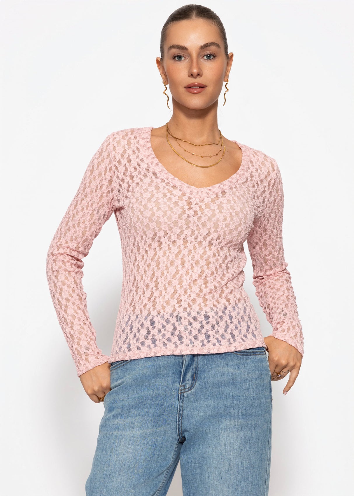 Langarm Spitzenshirt mit V-Ausschnitt - rosa