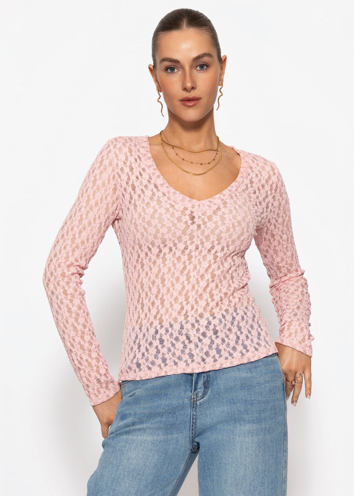 Langarm Spitzenshirt mit V-Ausschnitt - rosa