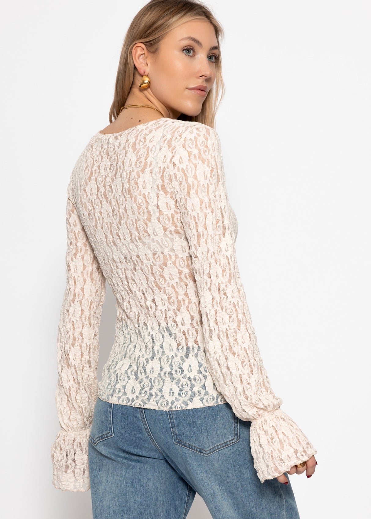 Langarm Spitzenshirt mit Volantärmeln - creme