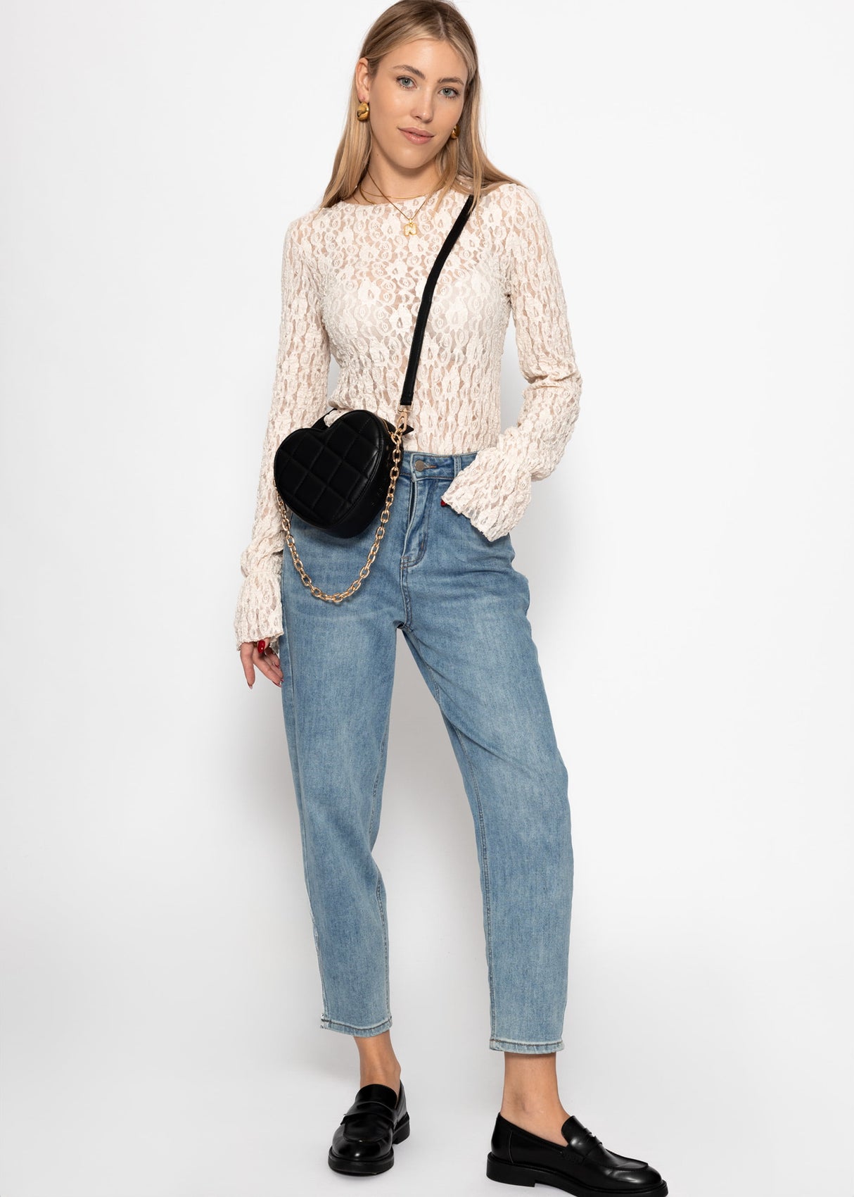 Langarm Spitzenshirt mit Volantärmeln - creme