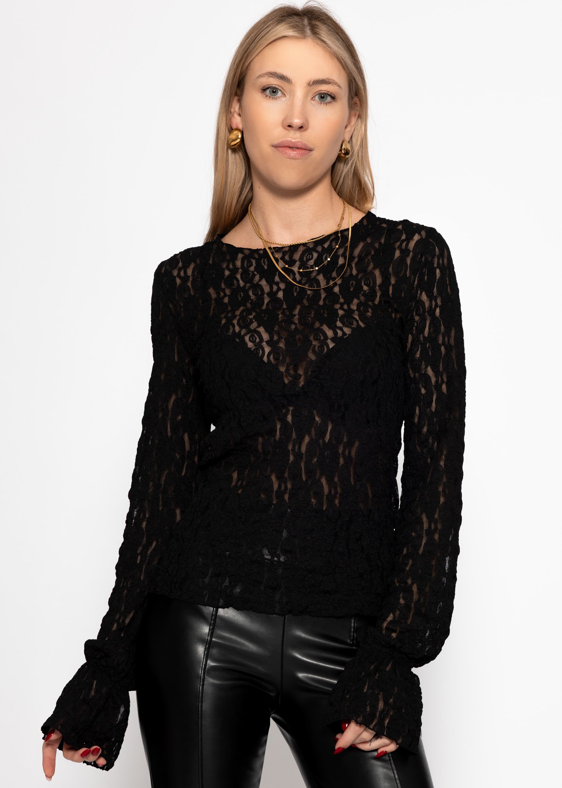 Langarm Spitzenshirt mit Volantärmeln - schwarz