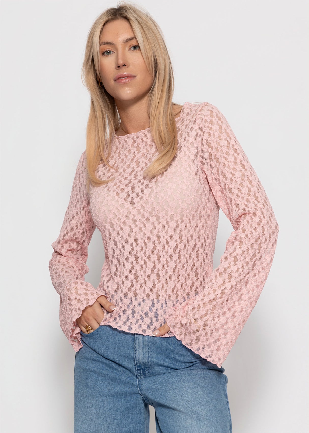 Langarm Spitzenshirt mit weiten Ärmeln - rosa