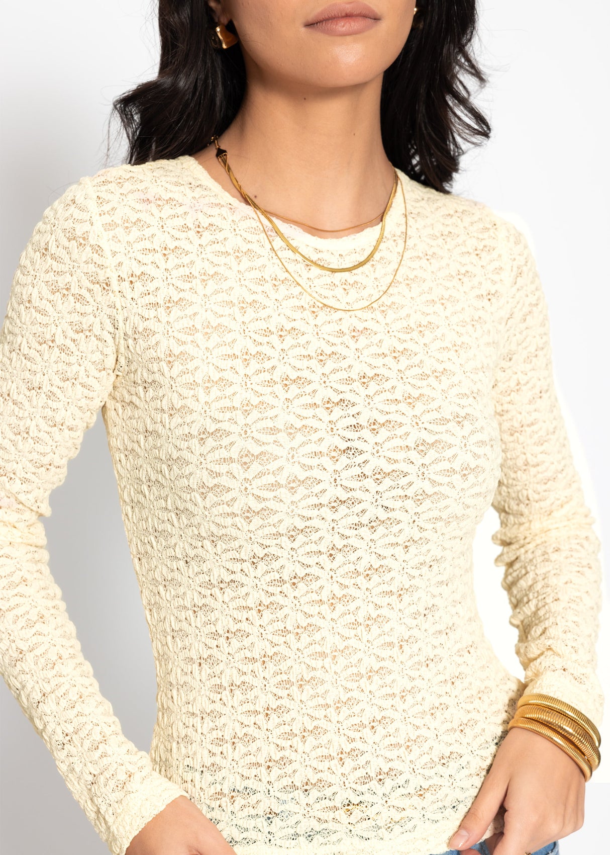 Long-sleeved floral lace shirt - butter yellow