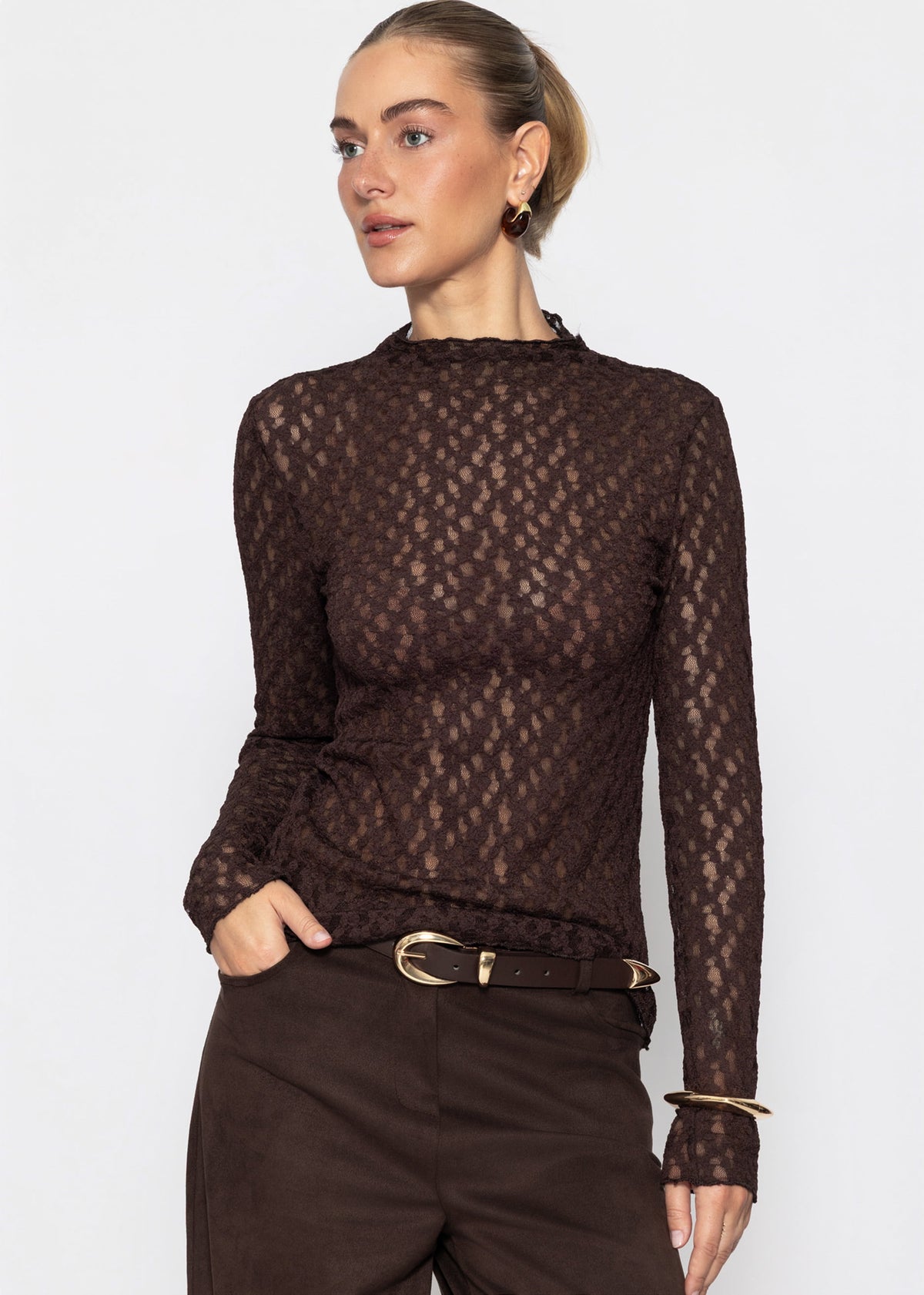 Langarmshirt aus Spitze - braun