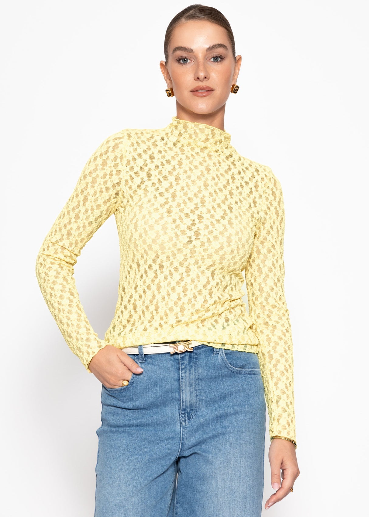 Langarmshirt aus Spitze - gelb