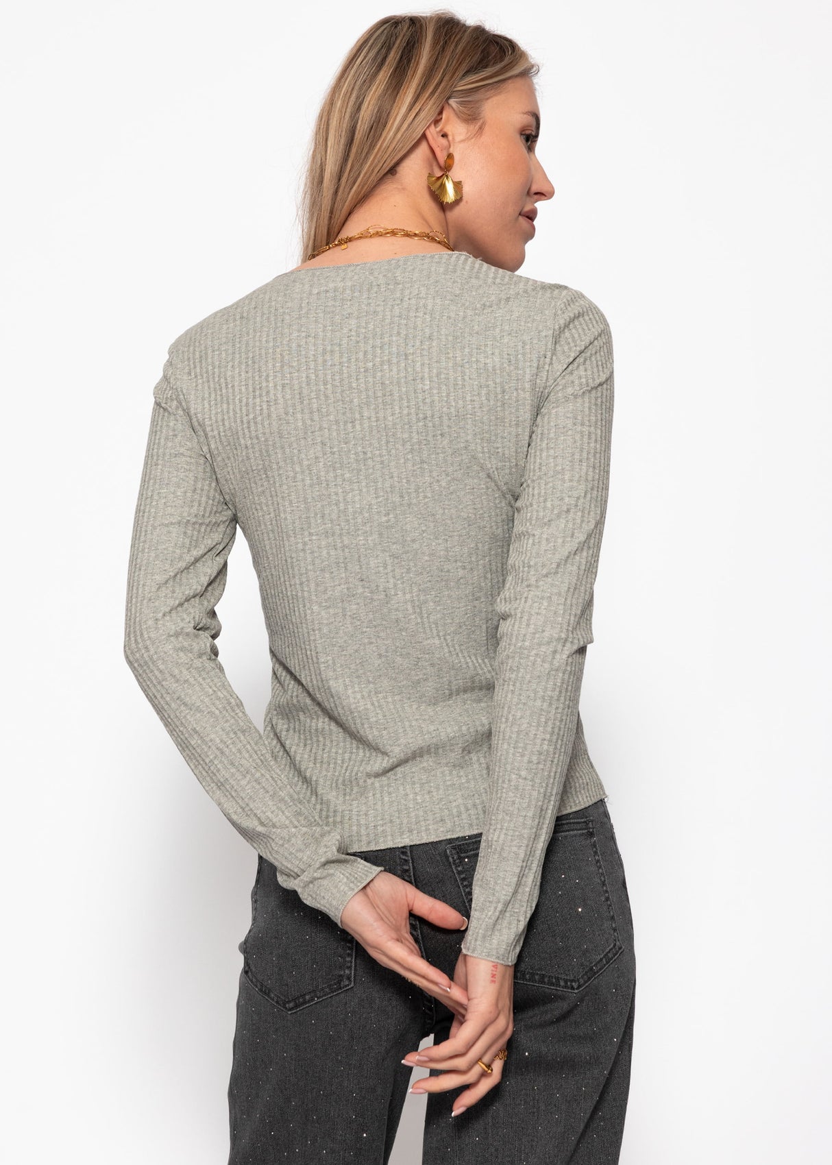 Langarmshirt in Rippstruktur - grau meliert
