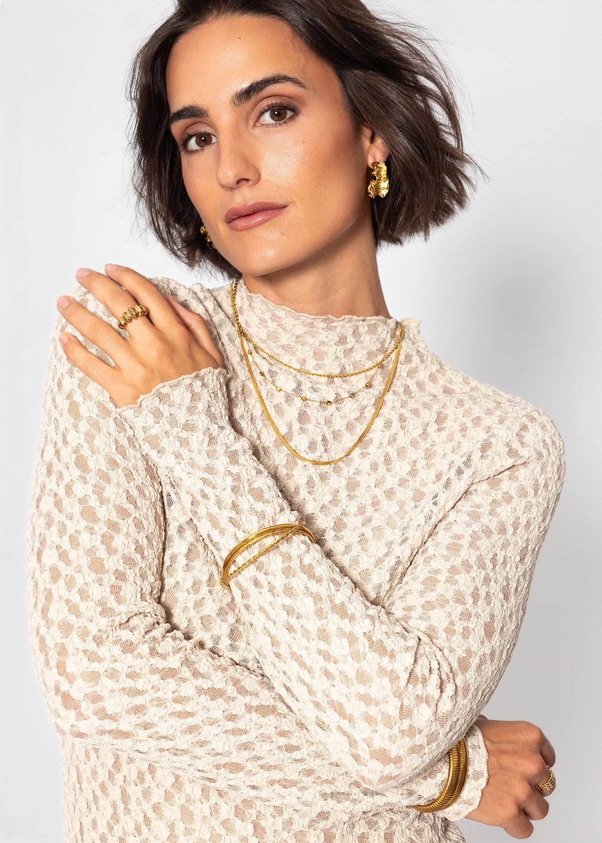 Langarmshirt aus Spitze - beige