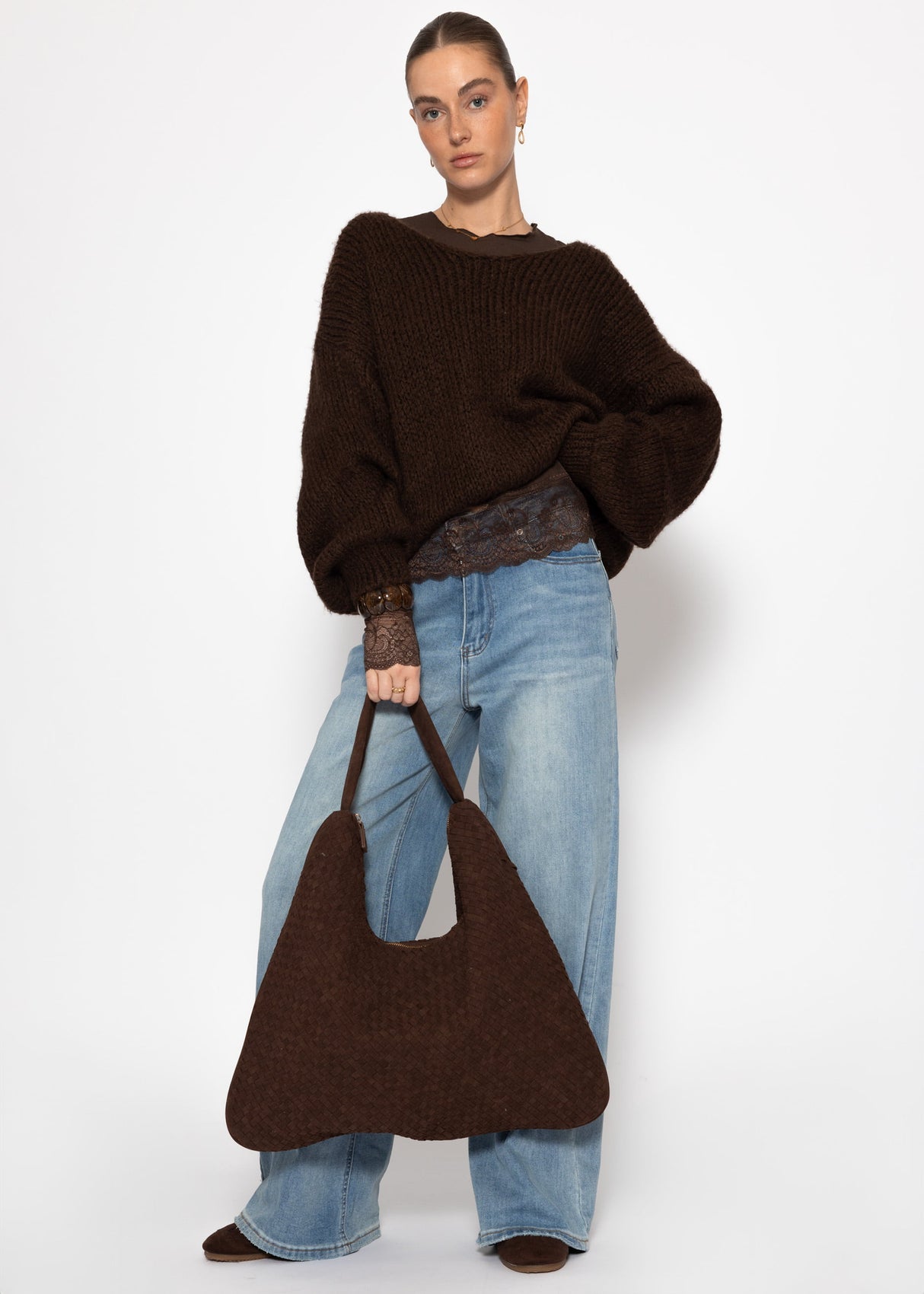 Long-sleeved shirt with lace trim and cashmere content - brown