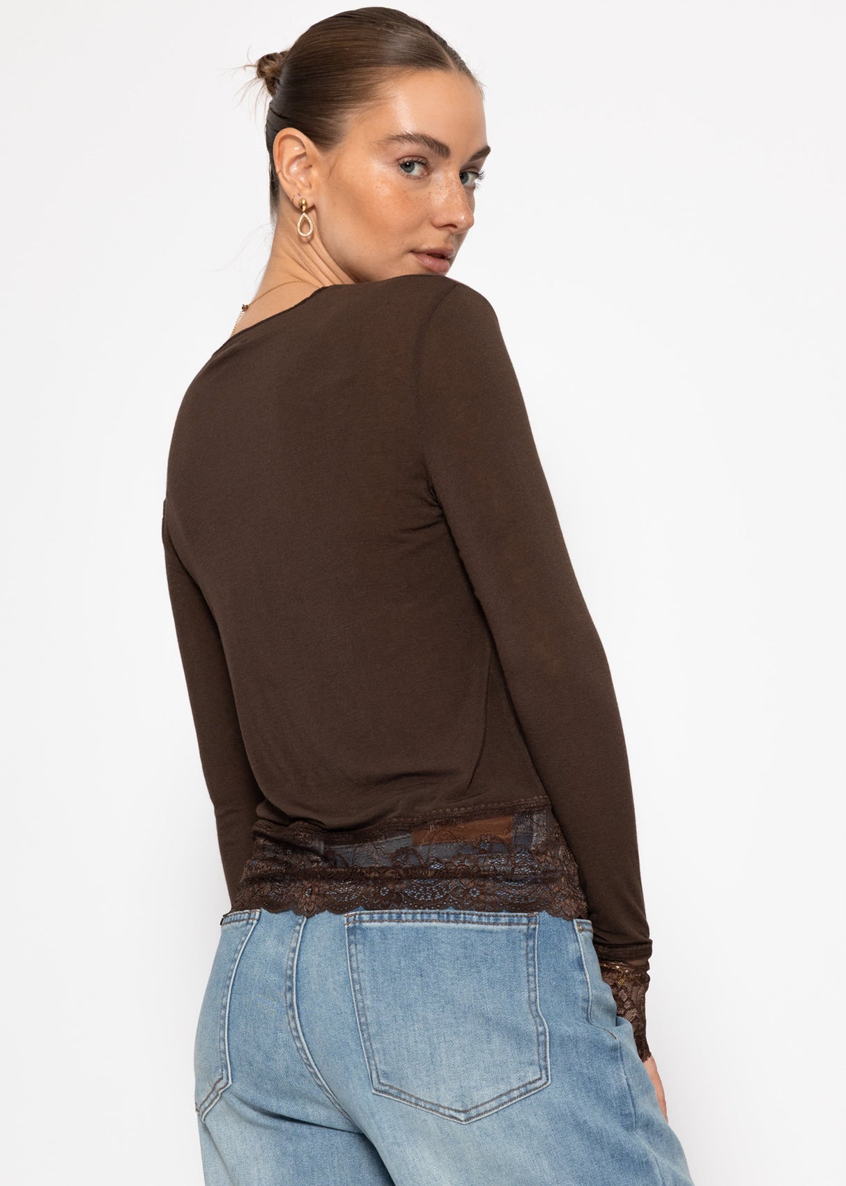 Long-sleeved shirt with lace trim and cashmere content - brown