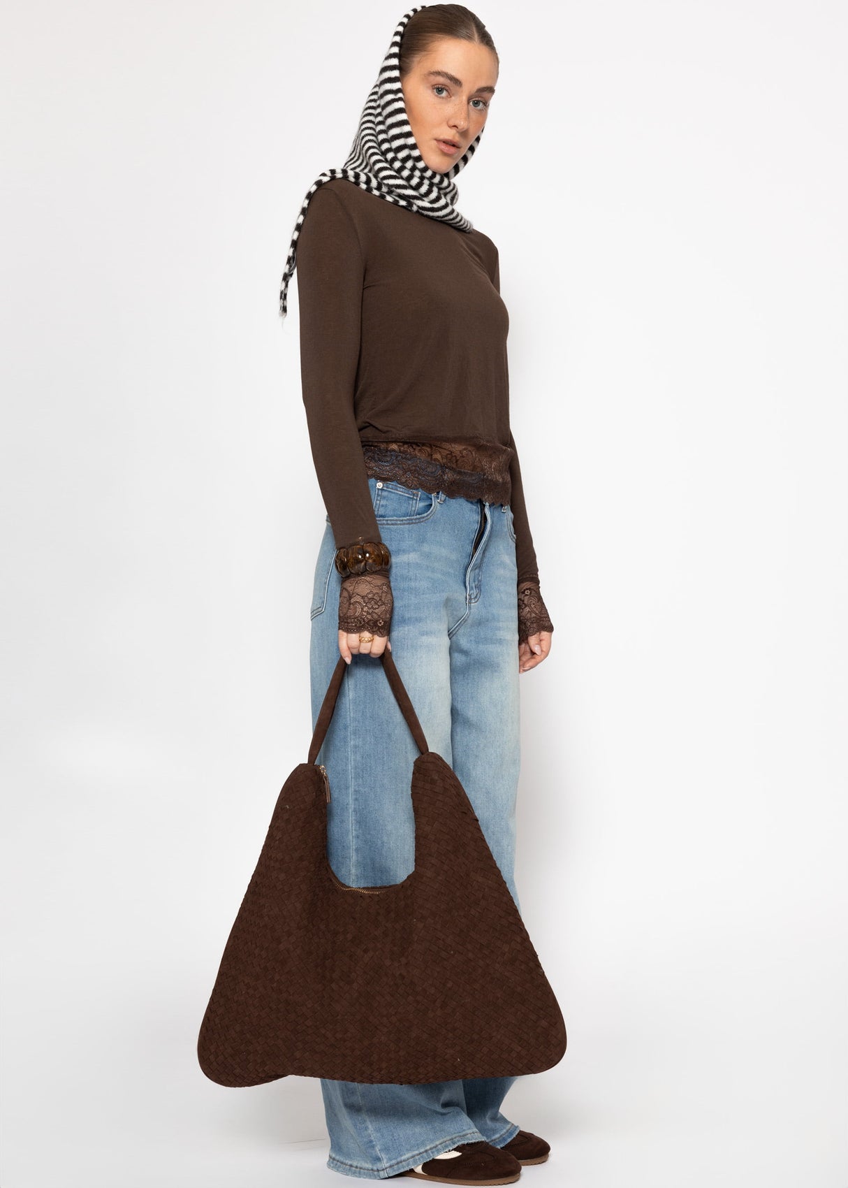 Long-sleeved shirt with lace trim and cashmere content - brown