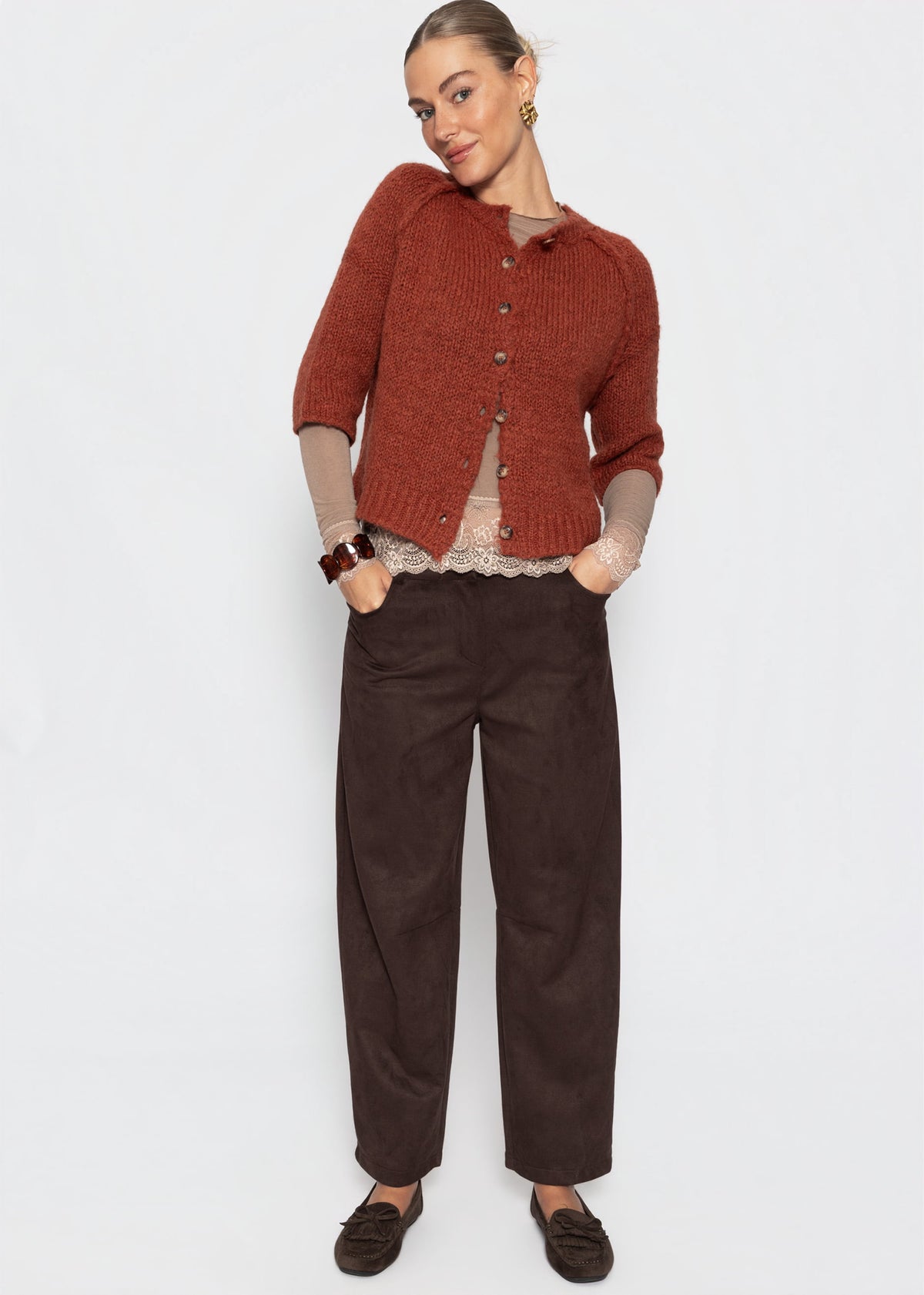 Langarmshirt mit Spitzenborte und Kaschmiranteil - taupe