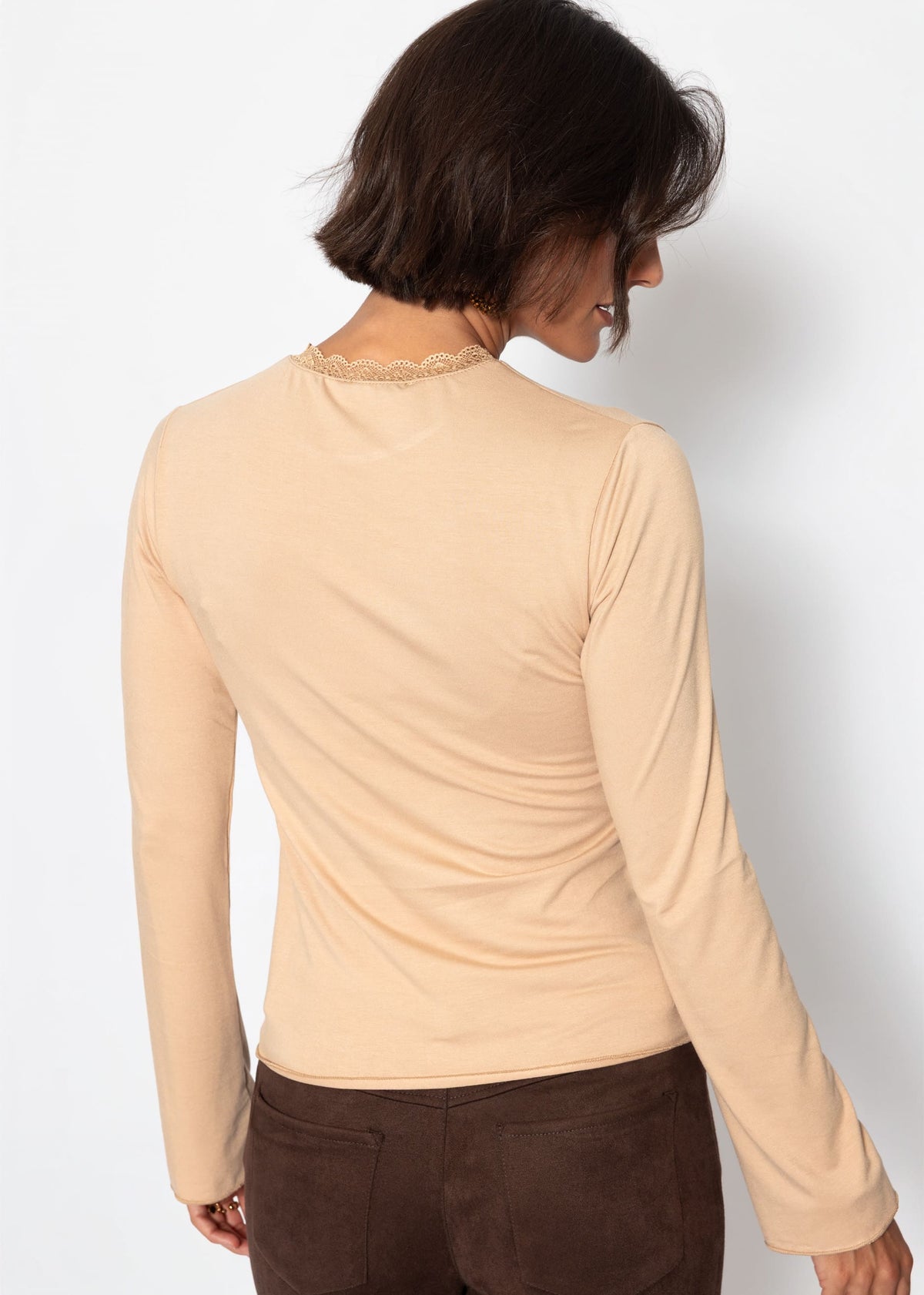 Langarmshirt mit Spitzeneinsatz - beige
