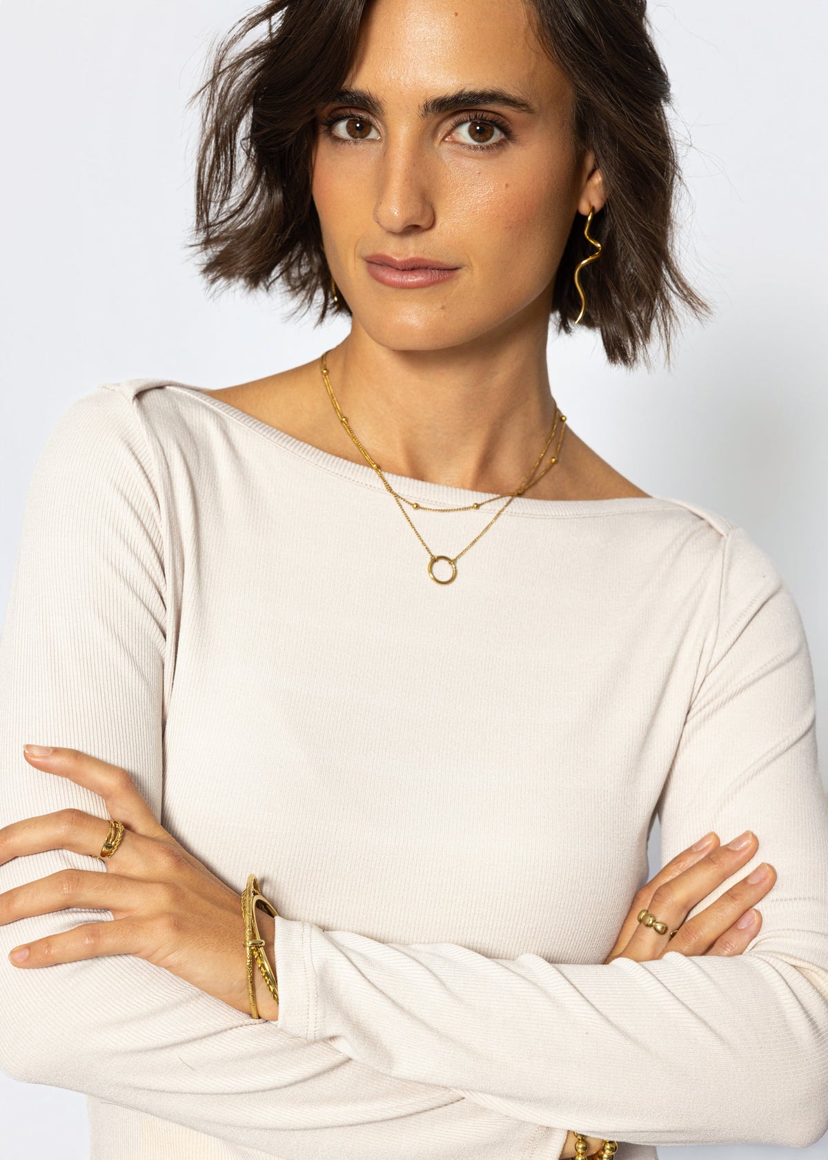 Langarmshirt mit U-Boot Ausschnitt - beige