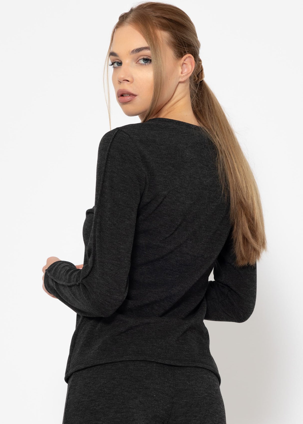 Long-sleeved shirt with decorative seam - dark grey mottled