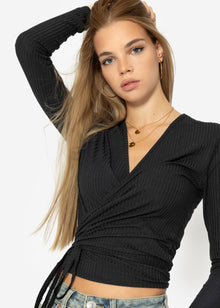 Long-sleeved wrap shirt - black