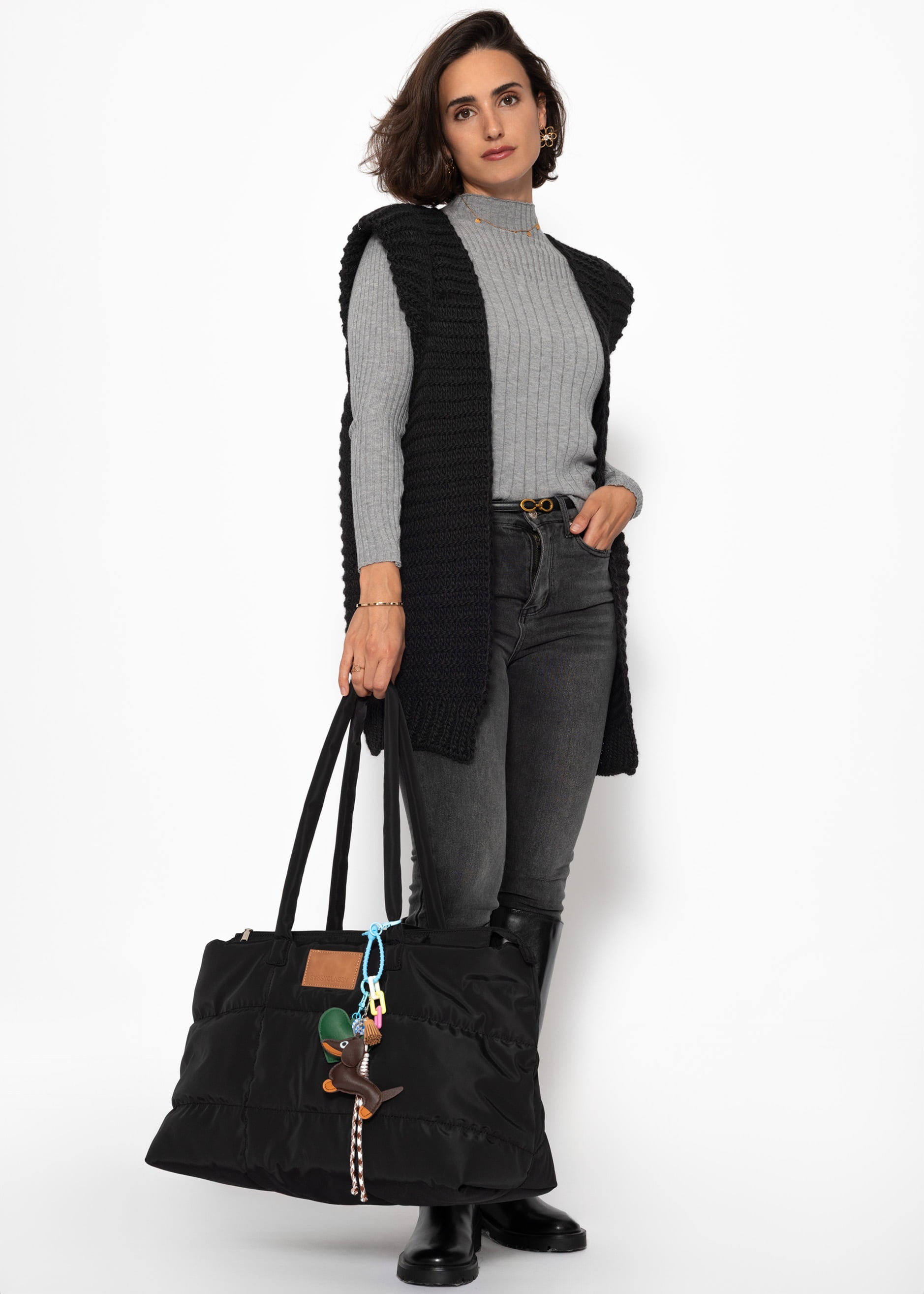 Long sleeveless knitted vest with structured shoulders - black