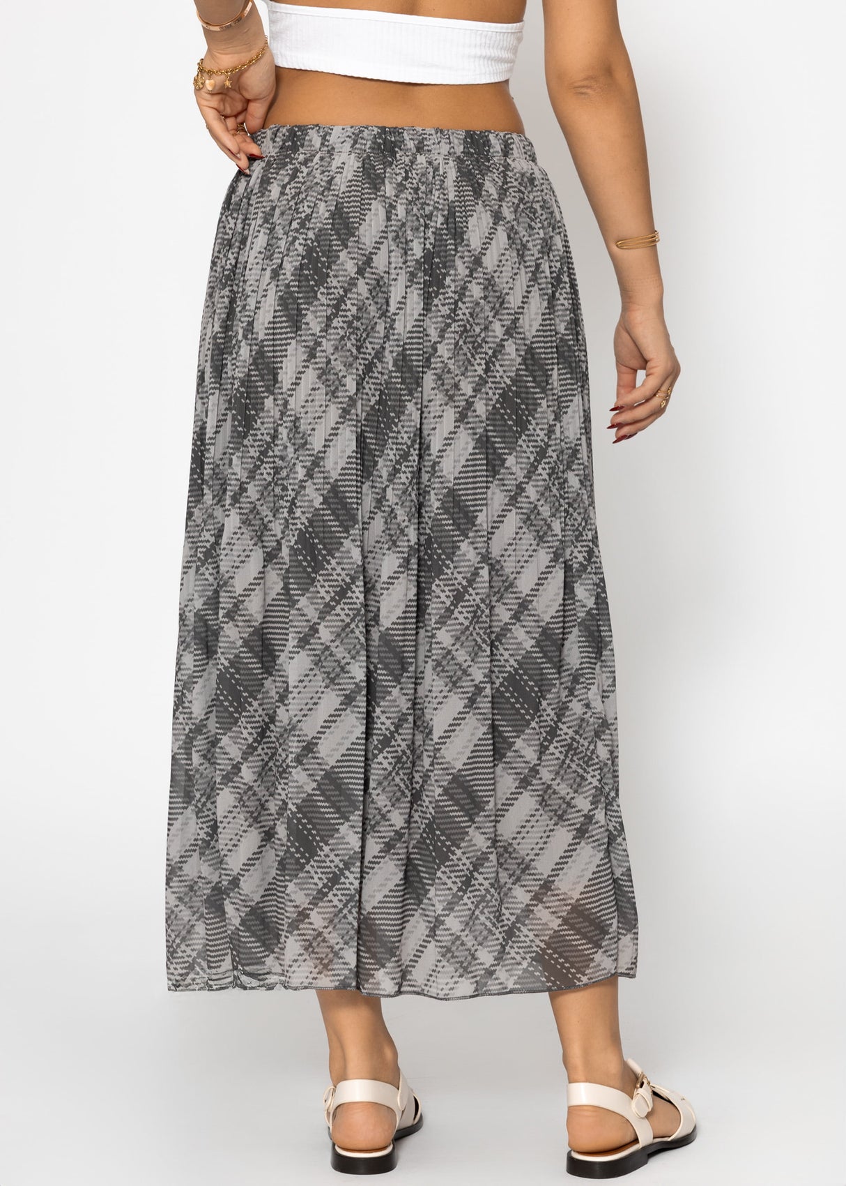 Langer Plissée-Chiffonrock mit Karo-Print - grau