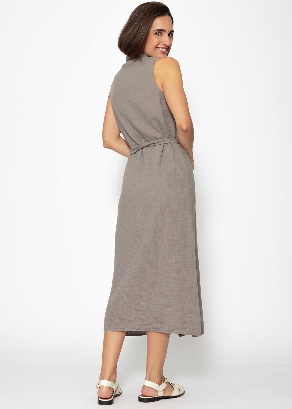 Langes ärmelloses Musselin Kleid - taupe