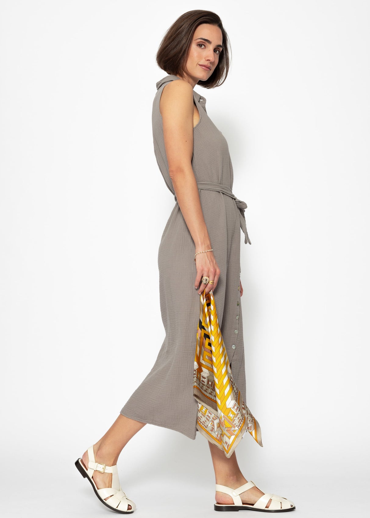 Langes ärmelloses Musselin Kleid - taupe