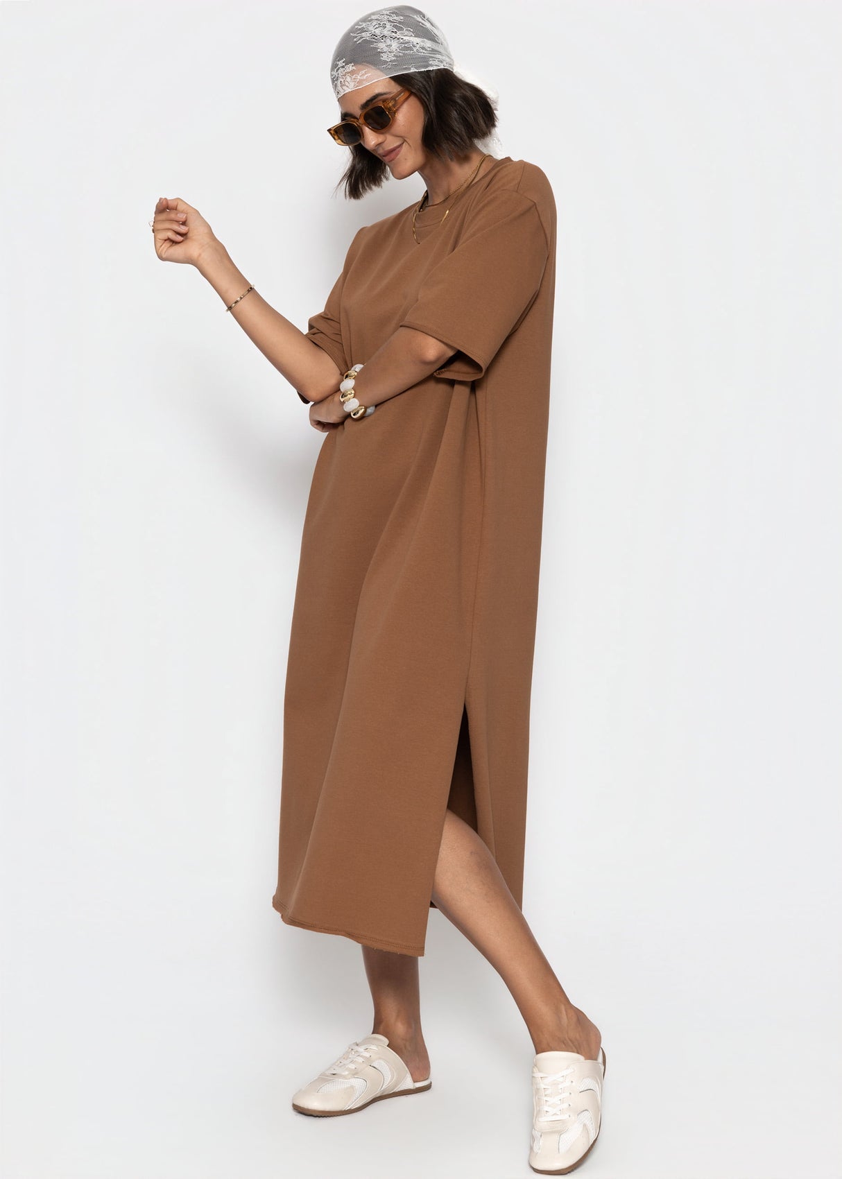 Langes Oversize T-Shirt Kleid - braun