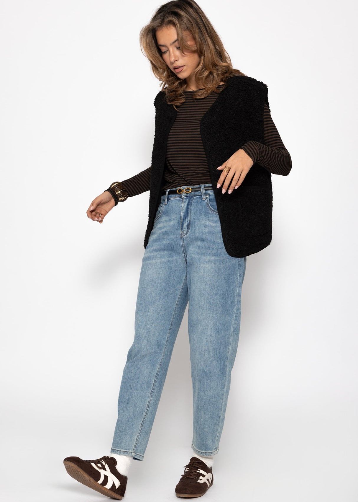 Lightweight, slightly transparent long-sleeved shirt with cashmere blend—brown-black