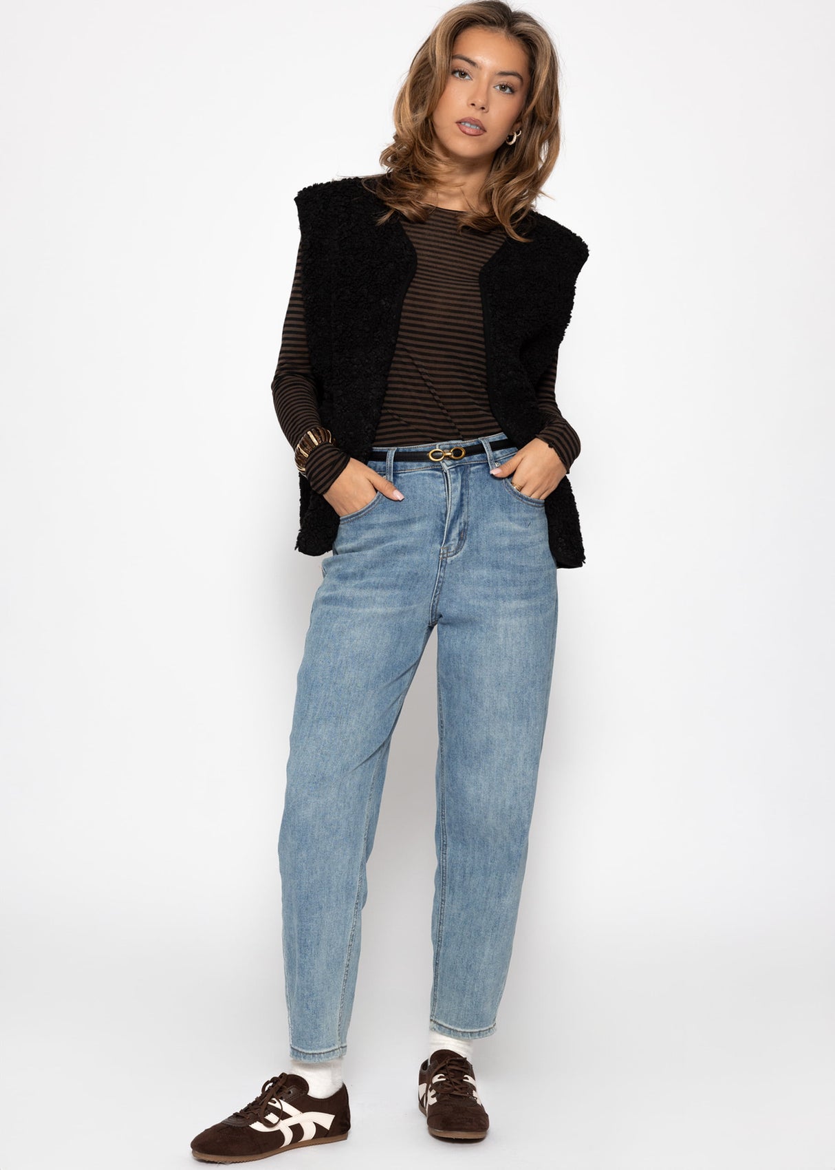 Lightweight, slightly transparent long-sleeved shirt with cashmere blend—brown-black