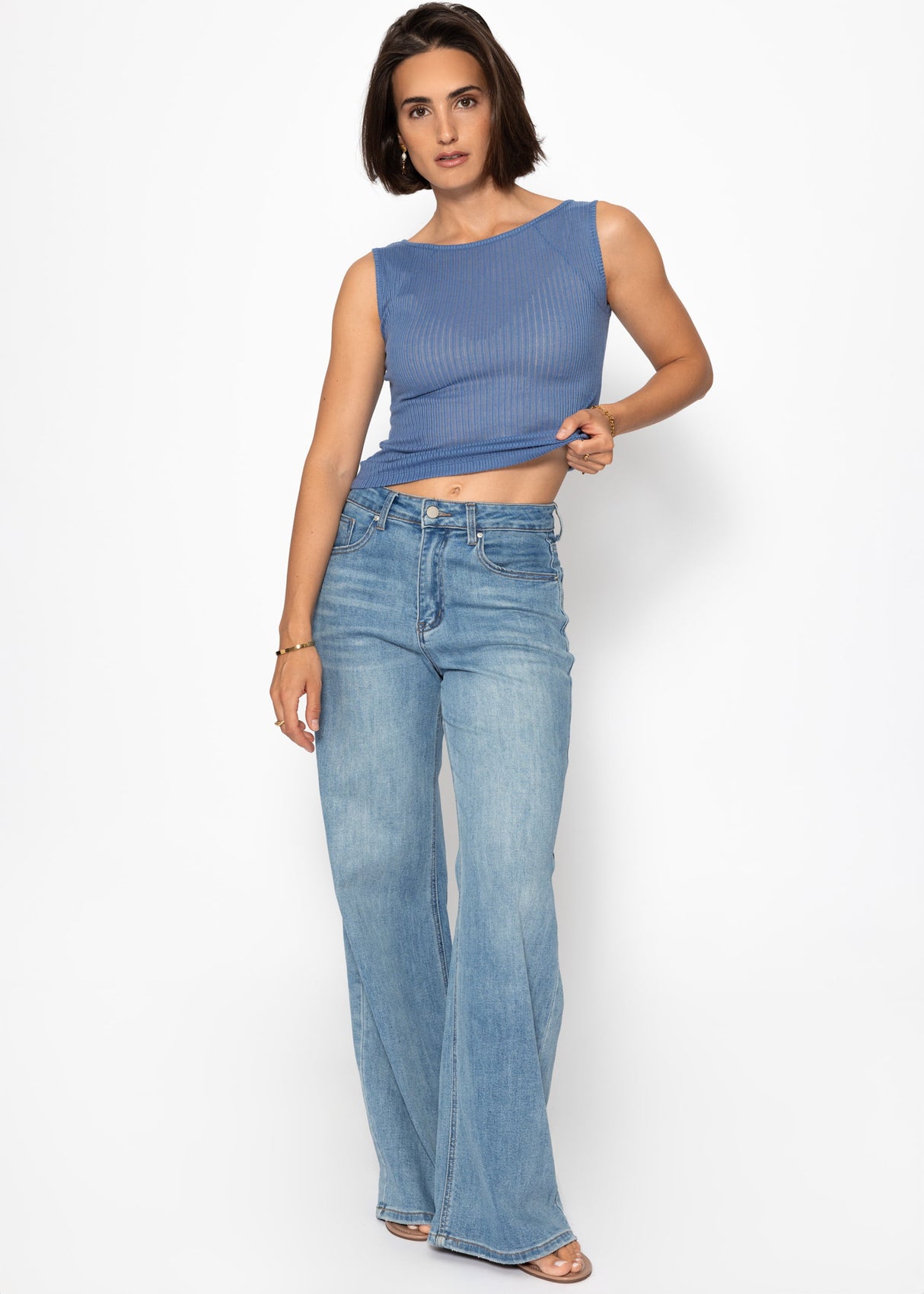 Slightly transparent top with rib structure - jeans blue