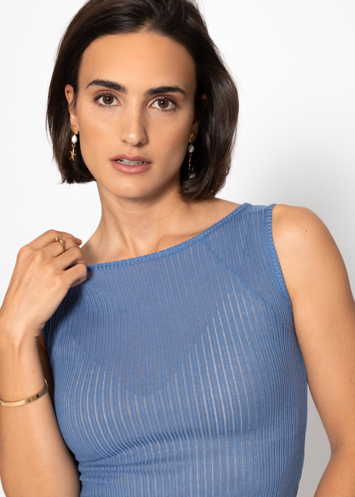 Slightly transparent top with rib structure - jeans blue