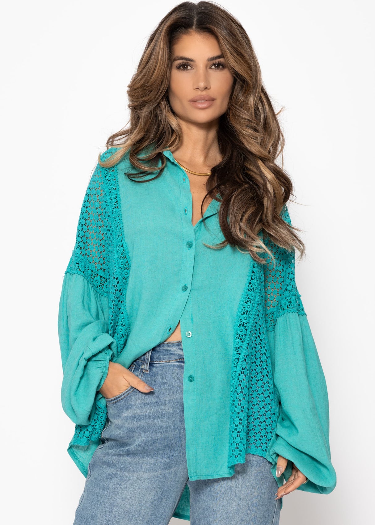 Linen blouse with lace - turquoise