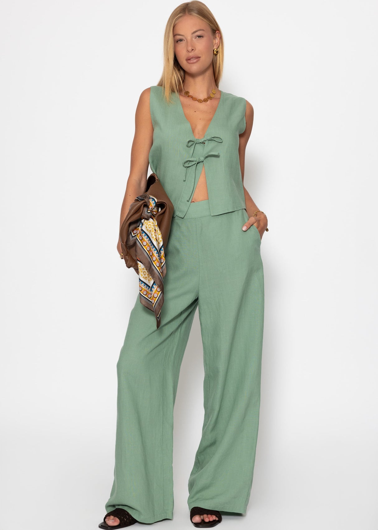 Leinen Hose mit geradem Bein - salbeigrün