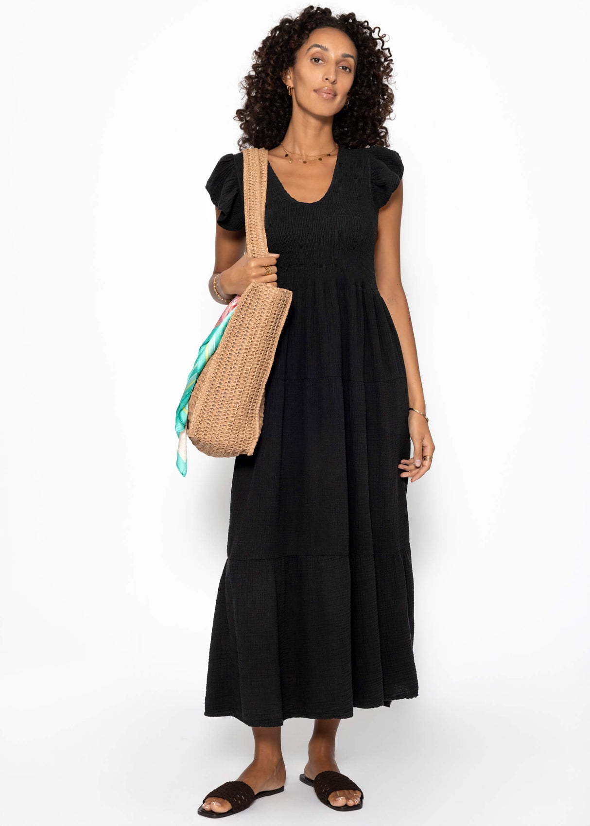 Maxi Musselin Kleid mit Volants und Flügelärmel - schwarz