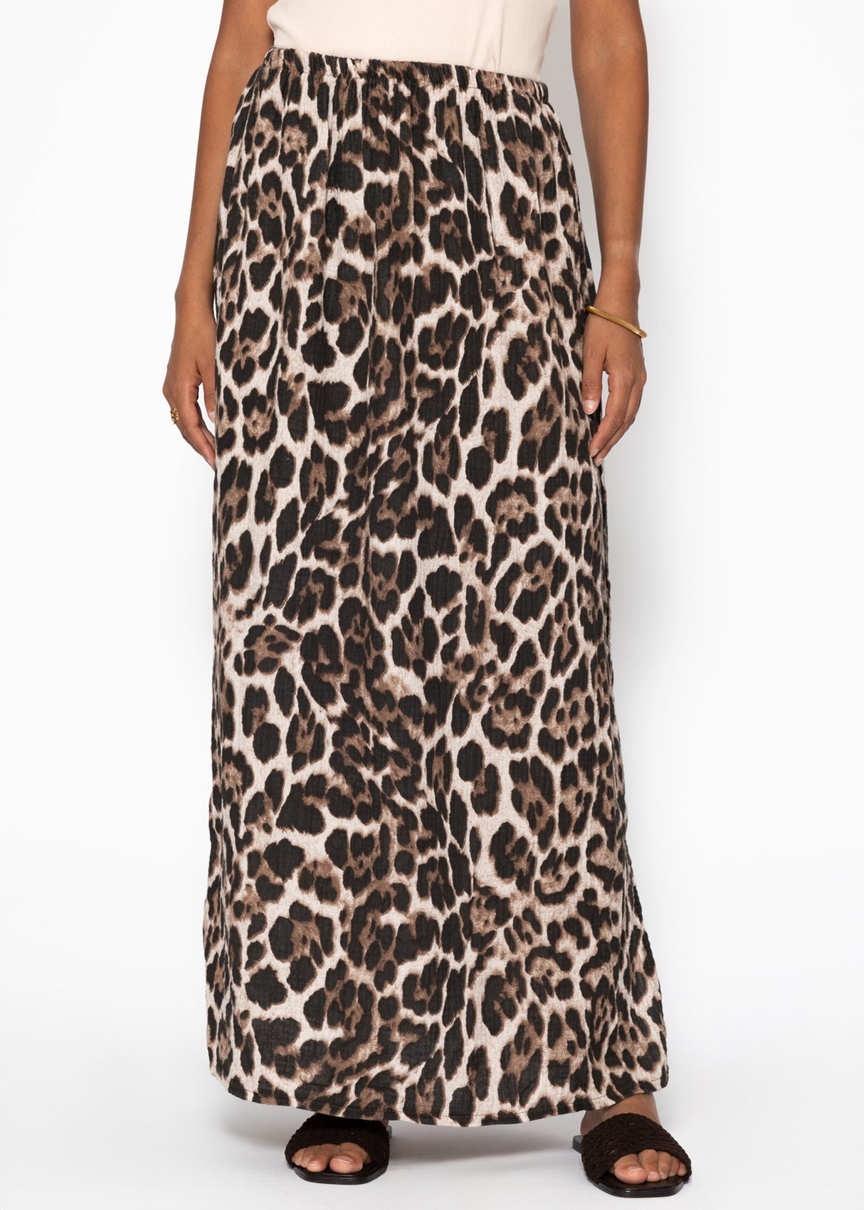 Maxi Musselin Rock mit Schlitz mit Leo-Print - beige