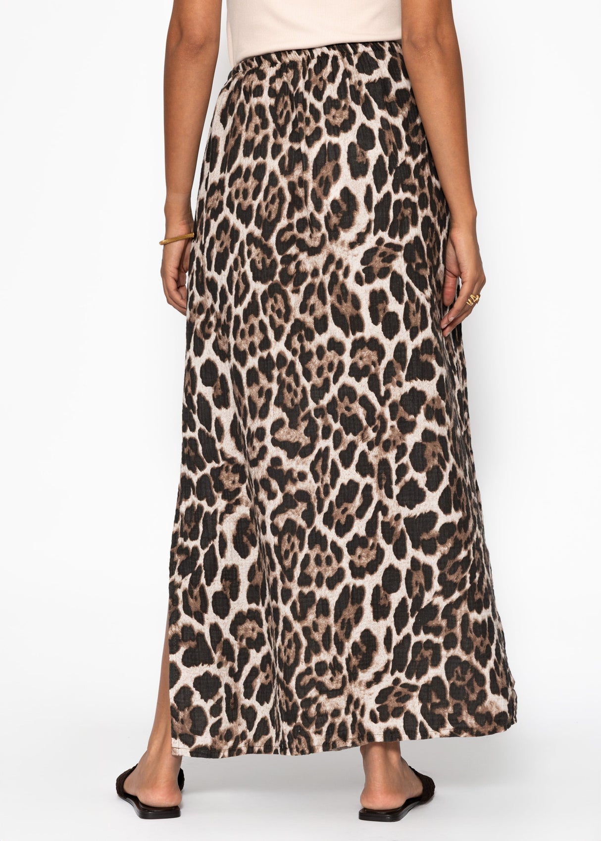 Maxi Musselin Rock mit Schlitz mit Leo-Print - beige