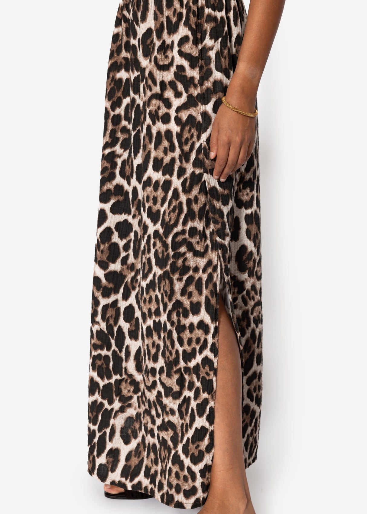 Maxi Musselin Rock mit Schlitz mit Leo-Print - beige