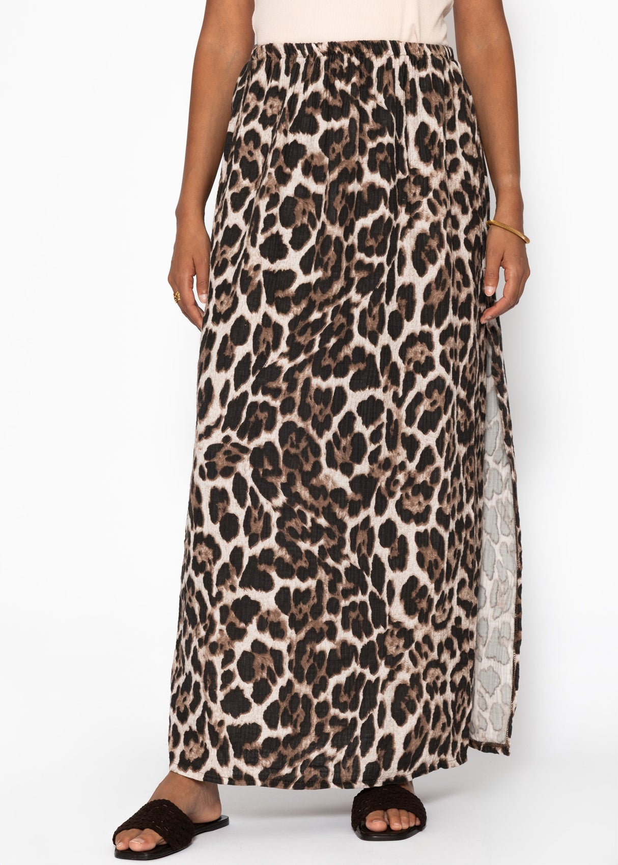 Maxi Musselin Rock mit Schlitz mit Leo-Print - beige