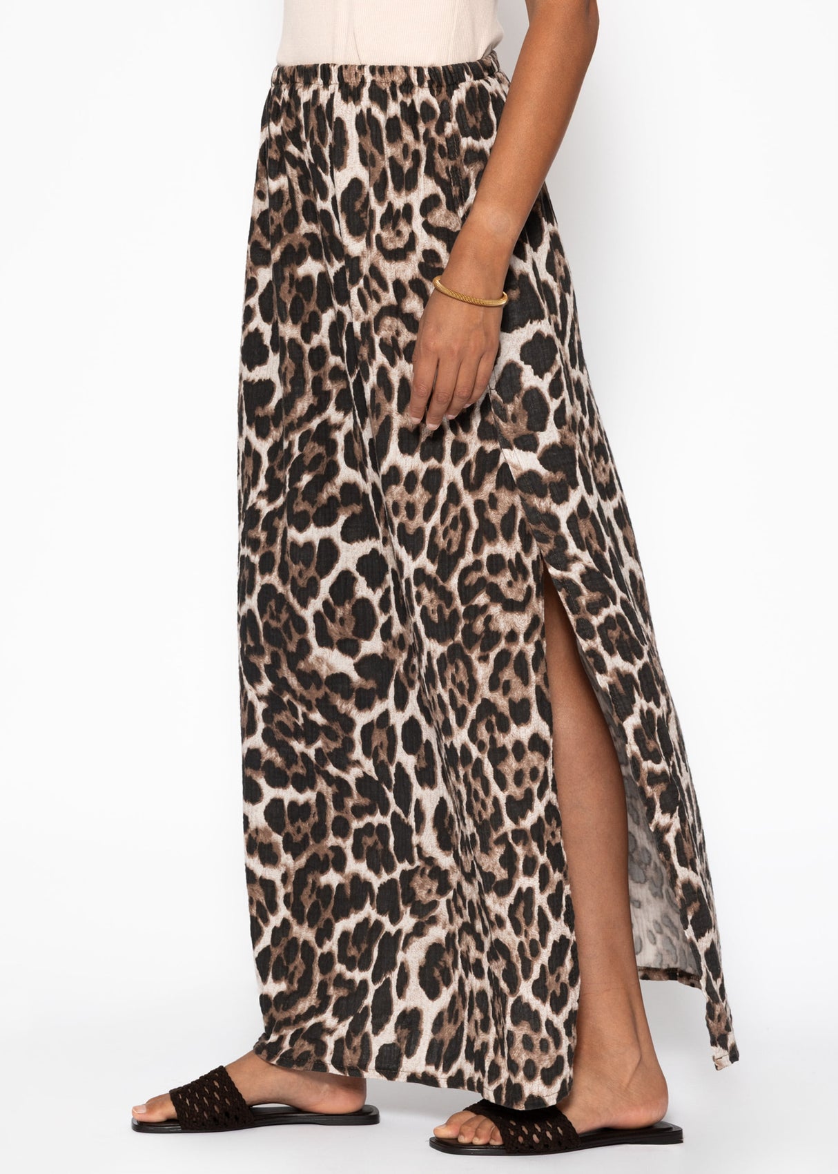Maxi Musselin Rock mit Schlitz mit Leo-Print - beige