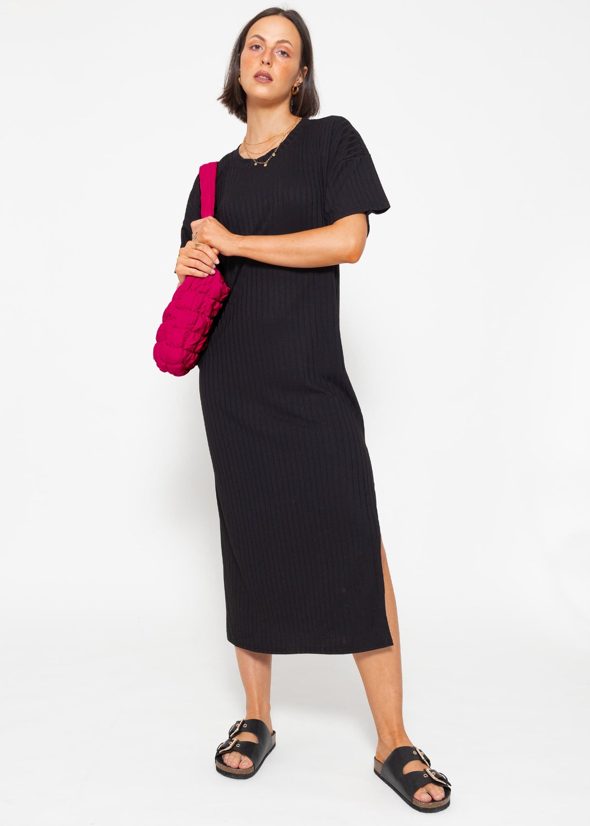 Maxi Rip Jersey Kleid mit Schlitz - schwarz
