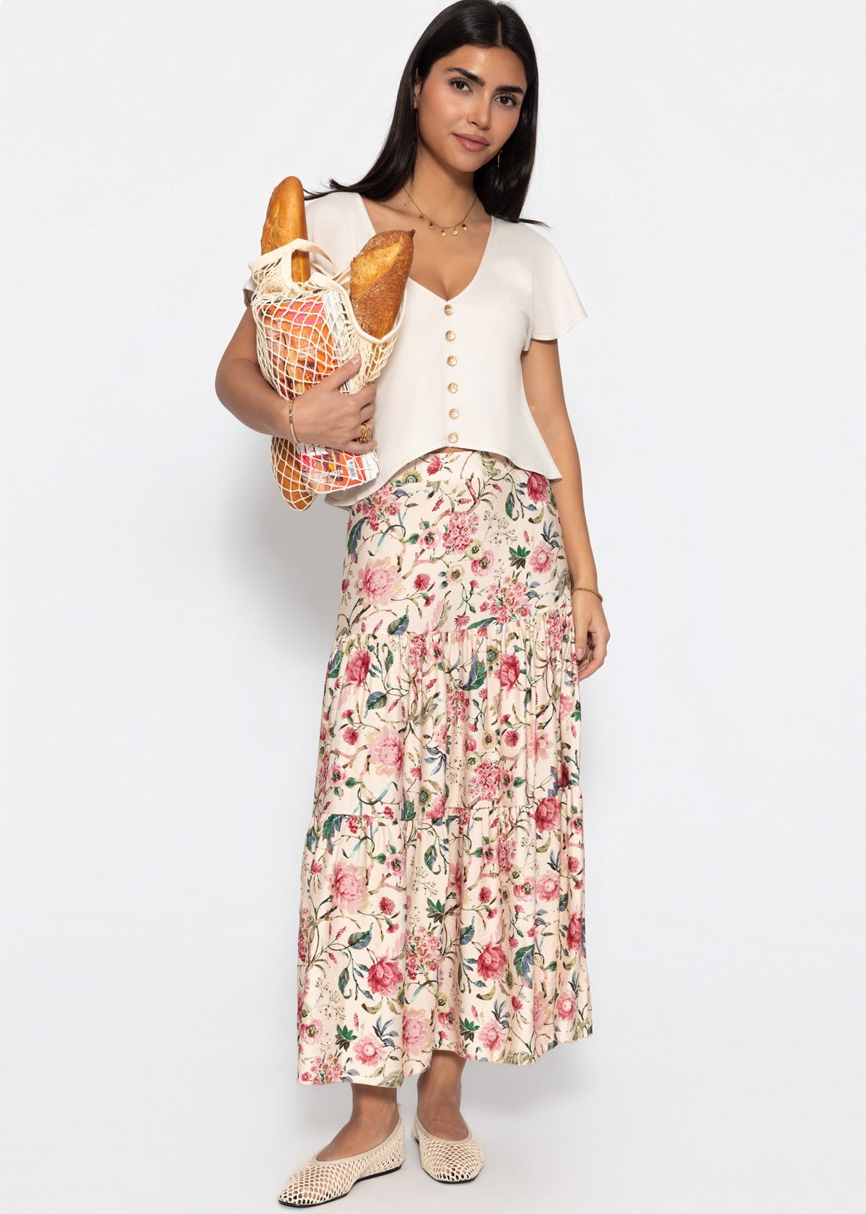 Maxi Rock mit Blümchendruck - beige