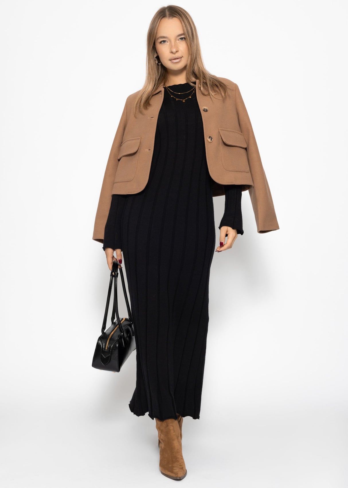 Maxi knit dress with ribbed look - black