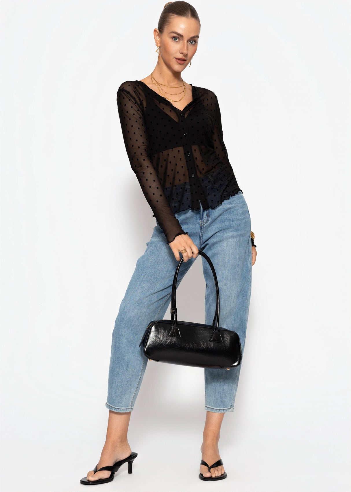Mesh Langarmshirt mit Punktemuster - schwarz