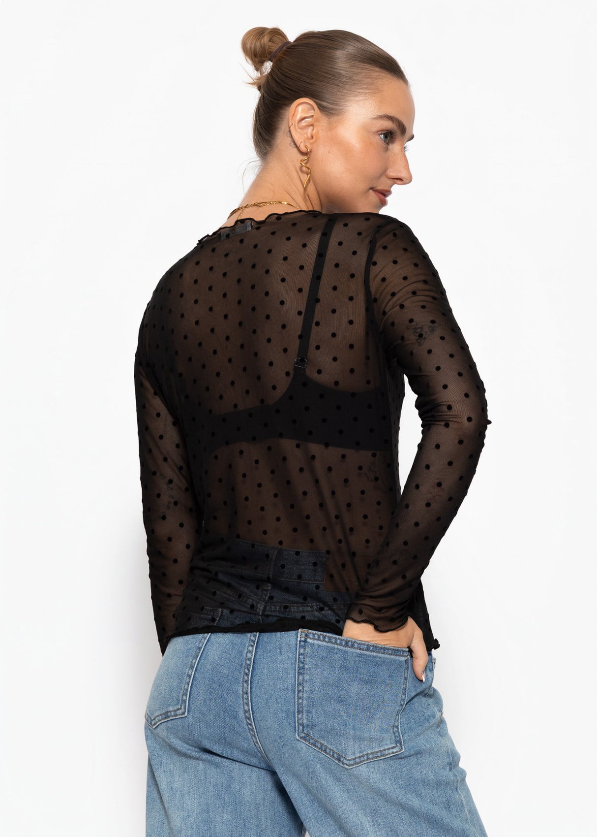 Mesh Langarmshirt mit Punktemuster - schwarz