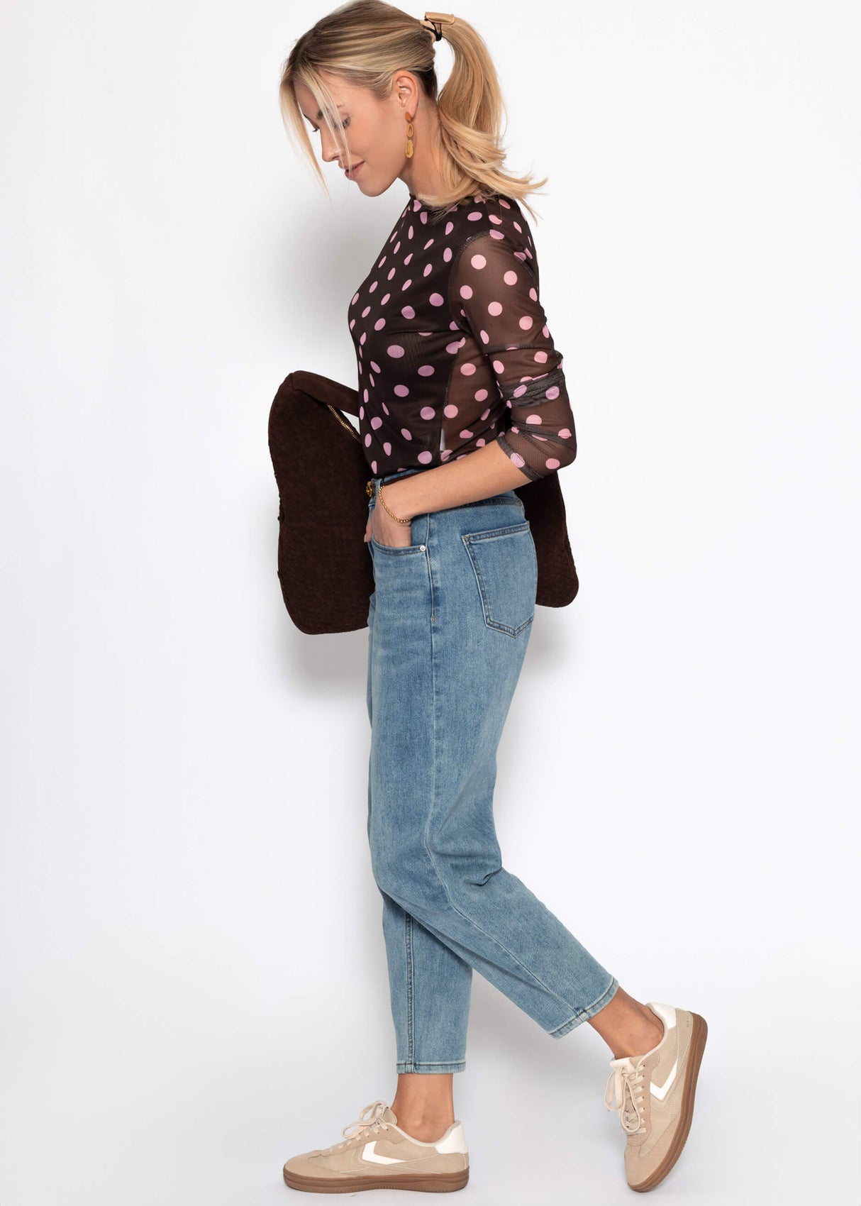 Mesh long-sleeved shirt with large polka dots - brown-pink