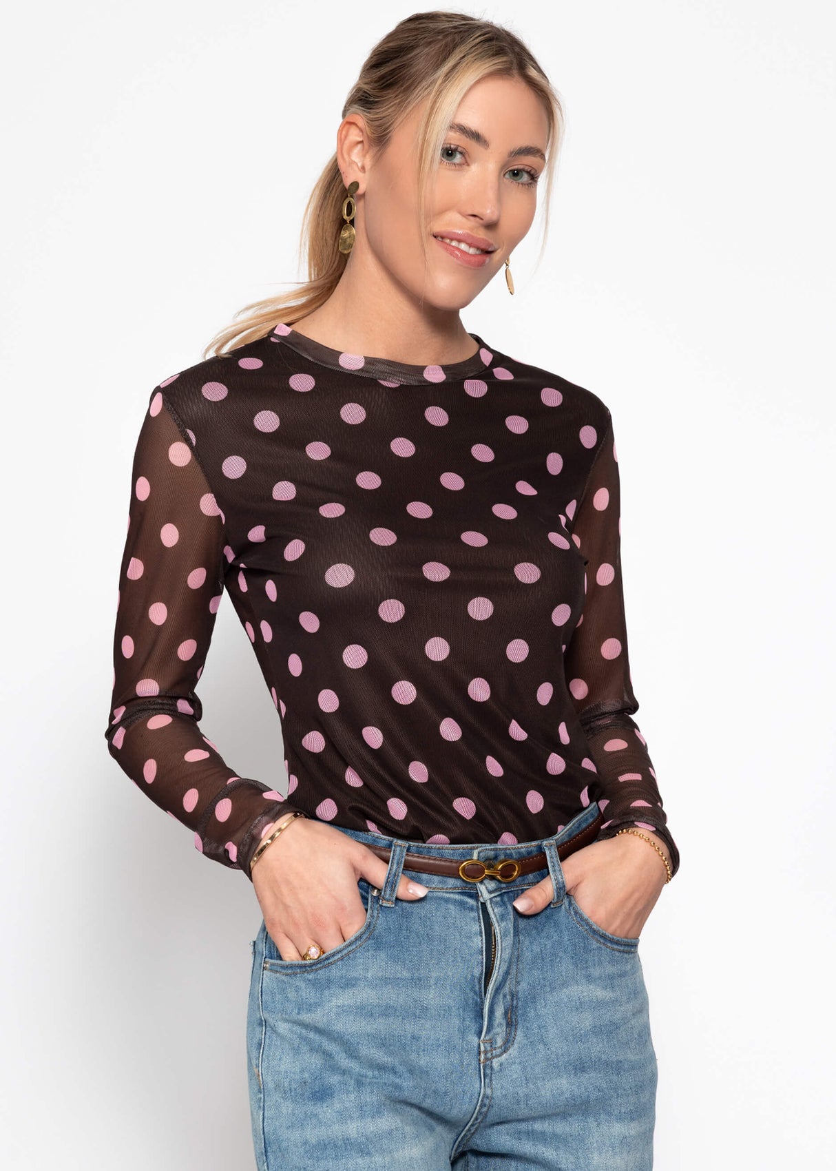 Mesh long-sleeved shirt with large polka dots - brown-pink