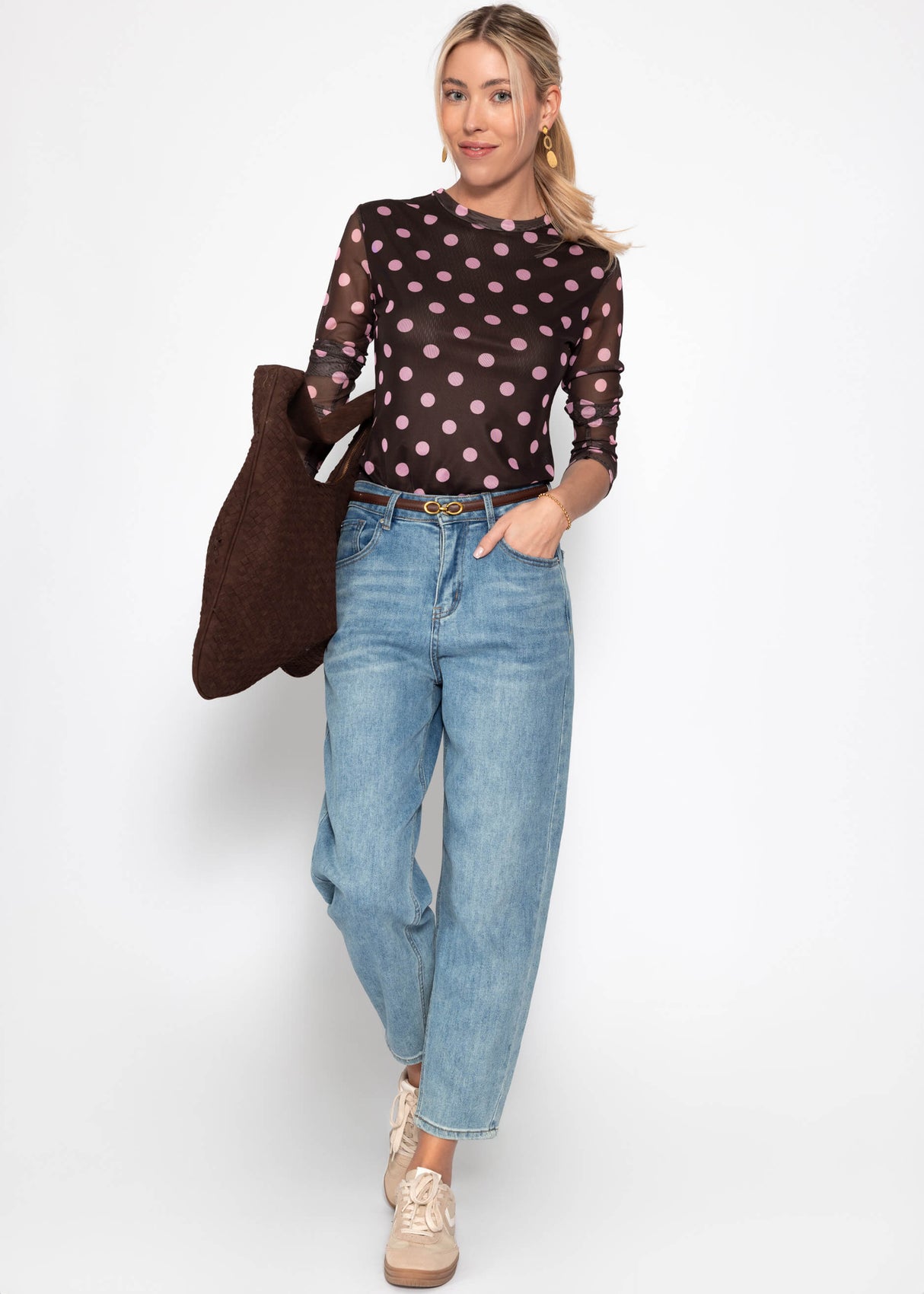 Mesh long-sleeved shirt with large polka dots - brown-pink