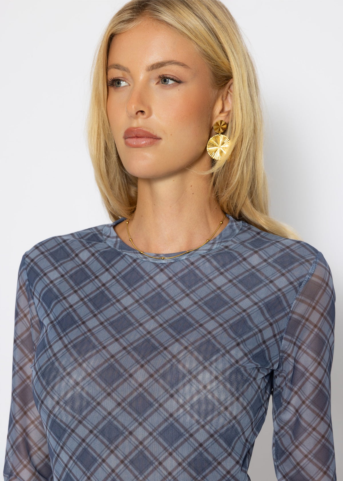 Mesh Langarmshirt mit kariertem Muster - blau